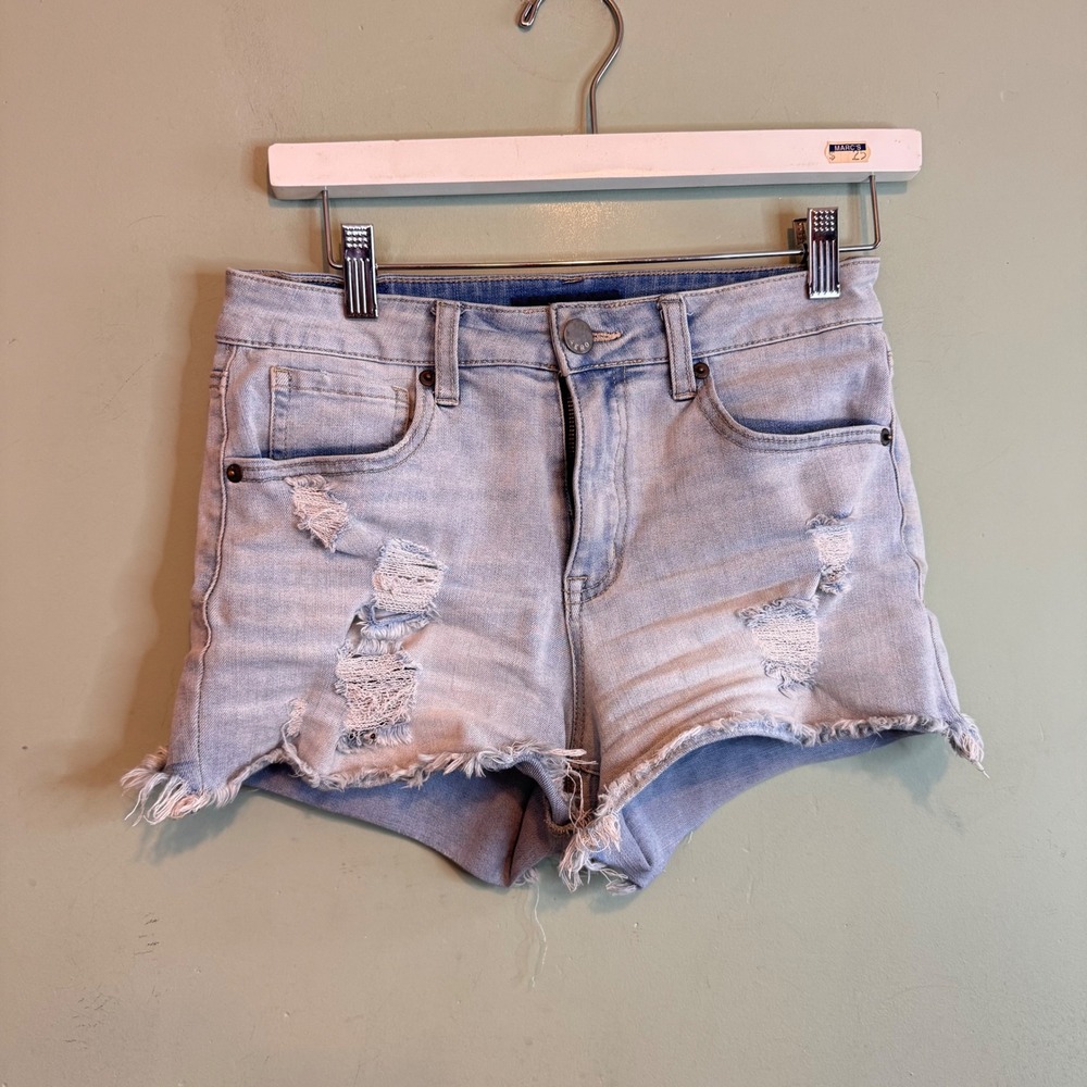 Aeropostale Flex Effects Super High Rise Midi Shorts Light Wash Distressed 2